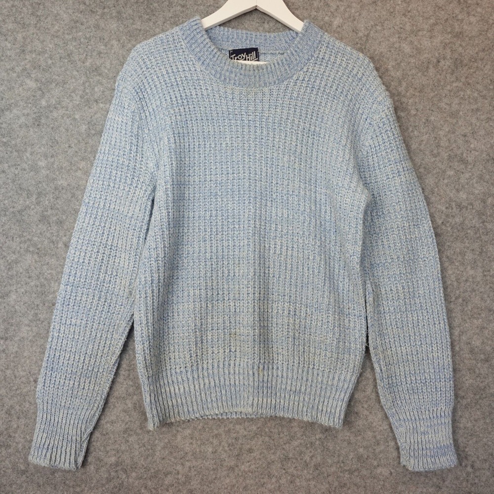 Vintage 80s TROY HILL Sweater Men S Baby Blue Shaker Stitch Fisherman Ribbed USA